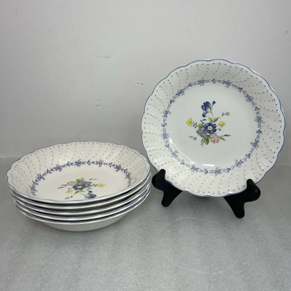 Vtg Nikko Blue Peony Soup Cereal Bowl Lot Of 6 Blue Floral Dot Cottagecore Japan